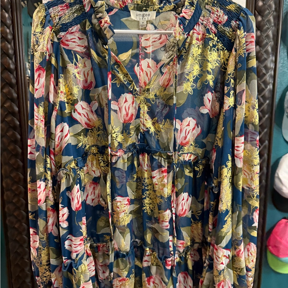 Umgee Navy Floral Tiered Long-Sleeve Tunic